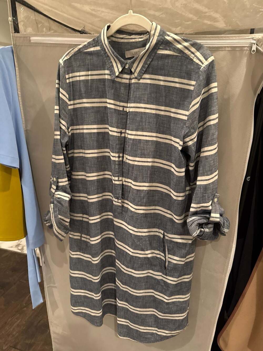 LOFT Blue and White Striped Chambray Shirt Dress with Roll-Tab Sleeves and Pocke